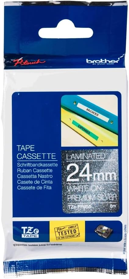 TZe-PR955 Brother 24mm x 4m White on Silver Adhesive Laminated Tape