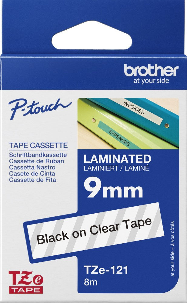 TZe-121 Brother 9mm x 8m Black on Clear Adhesive Laminated Tape