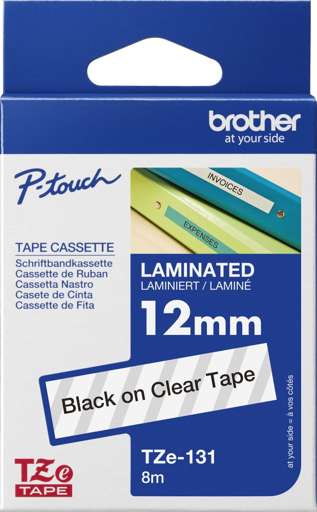 TZe-131 Brother 12mm x 8m Black on Clear Adhesive Laminated Tape