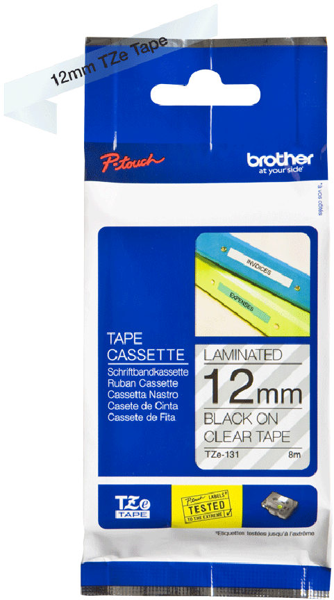 TZe-131 Brother 12mm x 8m Black on Clear Adhesive Laminated Tape