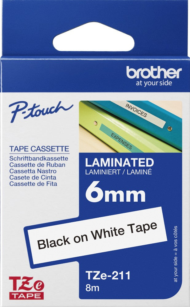 TZe-211 Brother 6mm x 8m Black on White Adhesive Laminated Tape