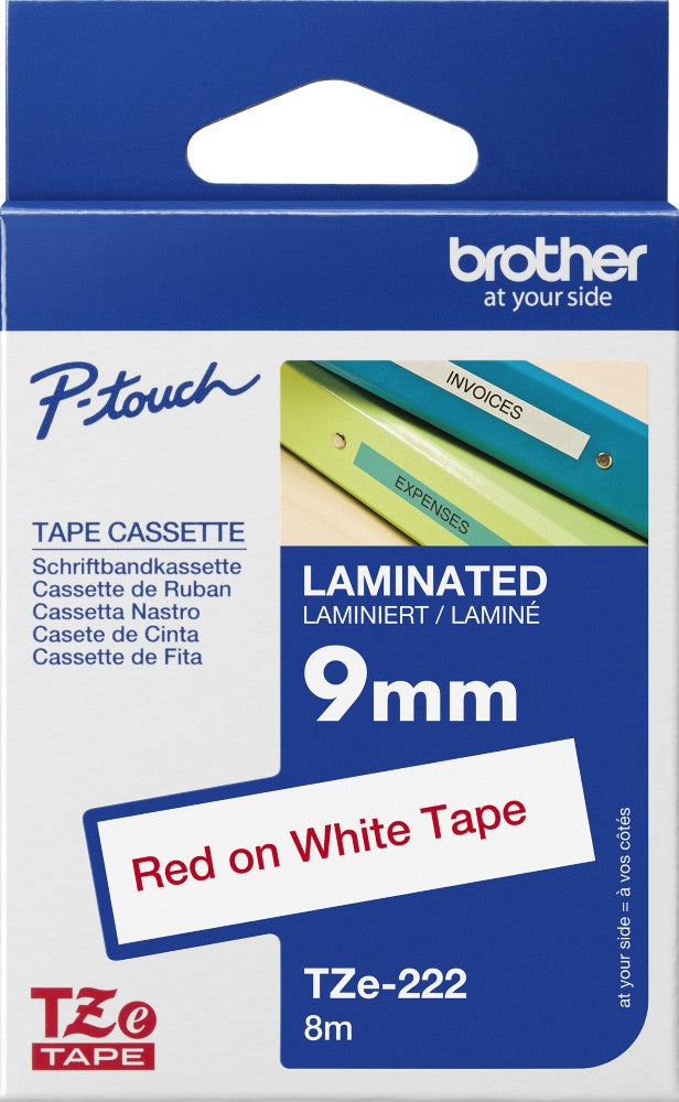 TZe-222 Brother 9mm x 8m Tape Red on White Adhesive Laminated Tape