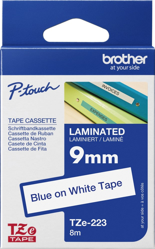 TZe-223 Brother 9mm x 8m Blue on White Adhesive Laminated Tape