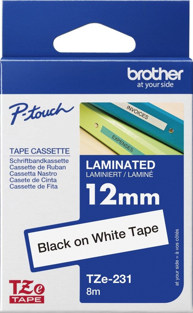 TZe-231 Brother 12mm x 8m Black on White Adhesive Laminated Tape