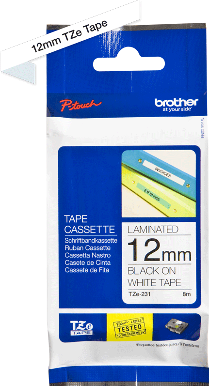 TZe-231 Brother 12mm x 8m Black on White Adhesive Laminated Tape