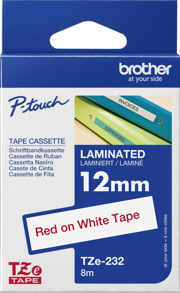 TZe-232 Brother 12mm x 8m Red on White Adhesive Laminated Tape