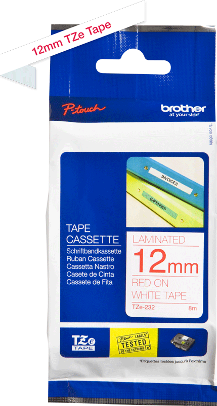 TZe-232 Brother 12mm x 8m Red on White Adhesive Laminated Tape