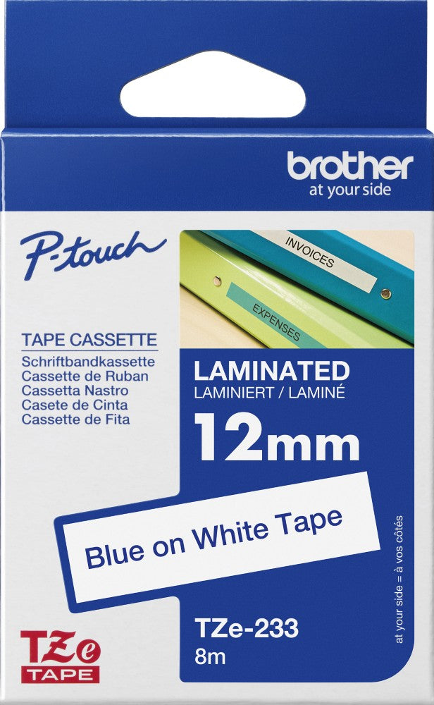 TZe-233 Brother 12mm x 8m Blue on White Adhesive Laminated Tape