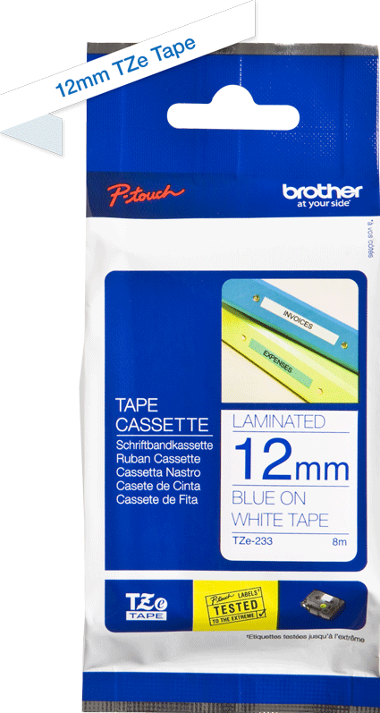 TZe-233 Brother 12mm x 8m Blue on White Adhesive Laminated Tape