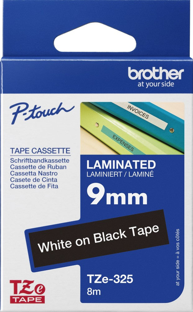 TZe-325 Brother 9mm x 8m White on Black Adhesive Laminated Tape