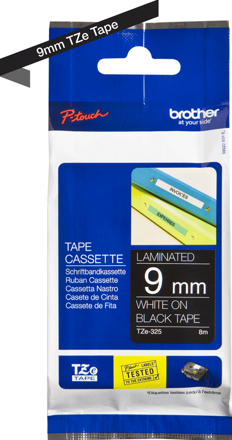 TZe-325 Brother 9mm x 8m White on Black Adhesive Laminated Tape