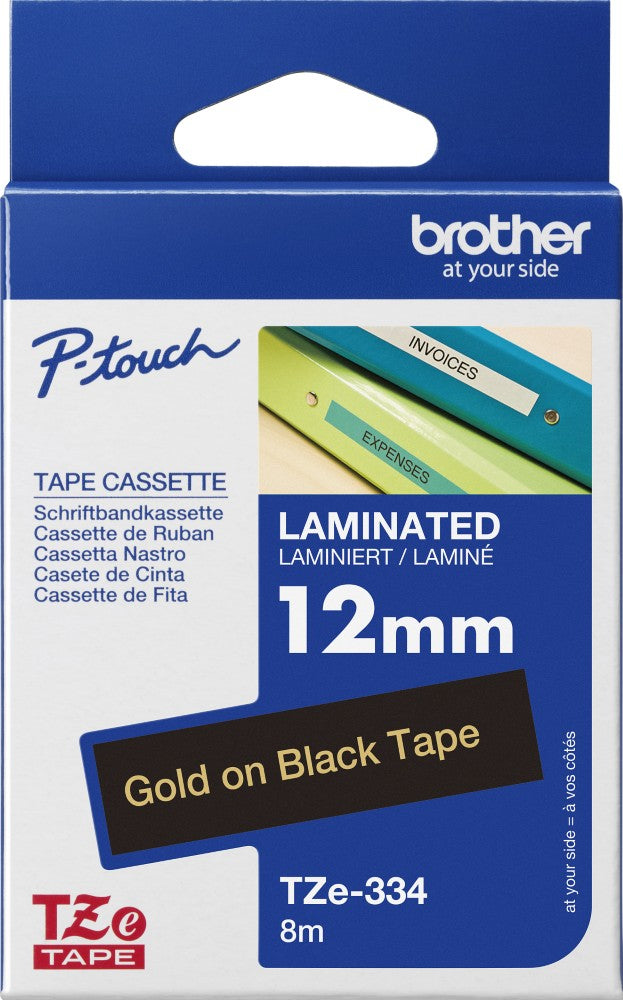 TZe-334 Brother 12mm x 8m Gold on Black Adhesive Laminated Tape