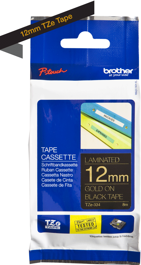 TZe-334 Brother 12mm x 8m Gold on Black Adhesive Laminated Tape