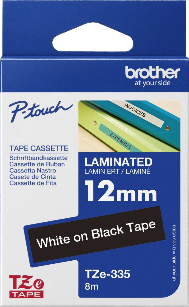 TZe-335 Brother 12mm x 8m White on Black Adhesive Laminated Tape