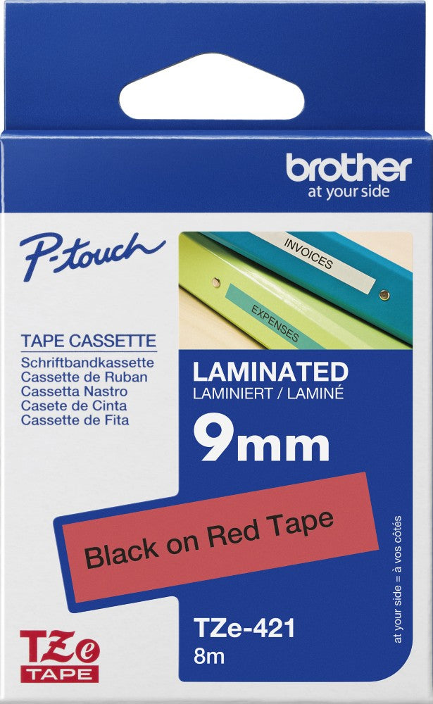 TZe-421 Brother 9mm x 8m Black on Red Adhesive Laminated Tape