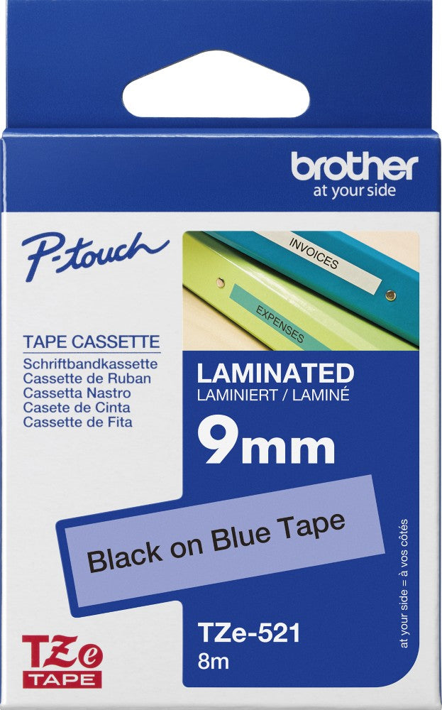 TZe-521 Brother 9mm x 8m Black on Blue Adhesive Laminated Tape