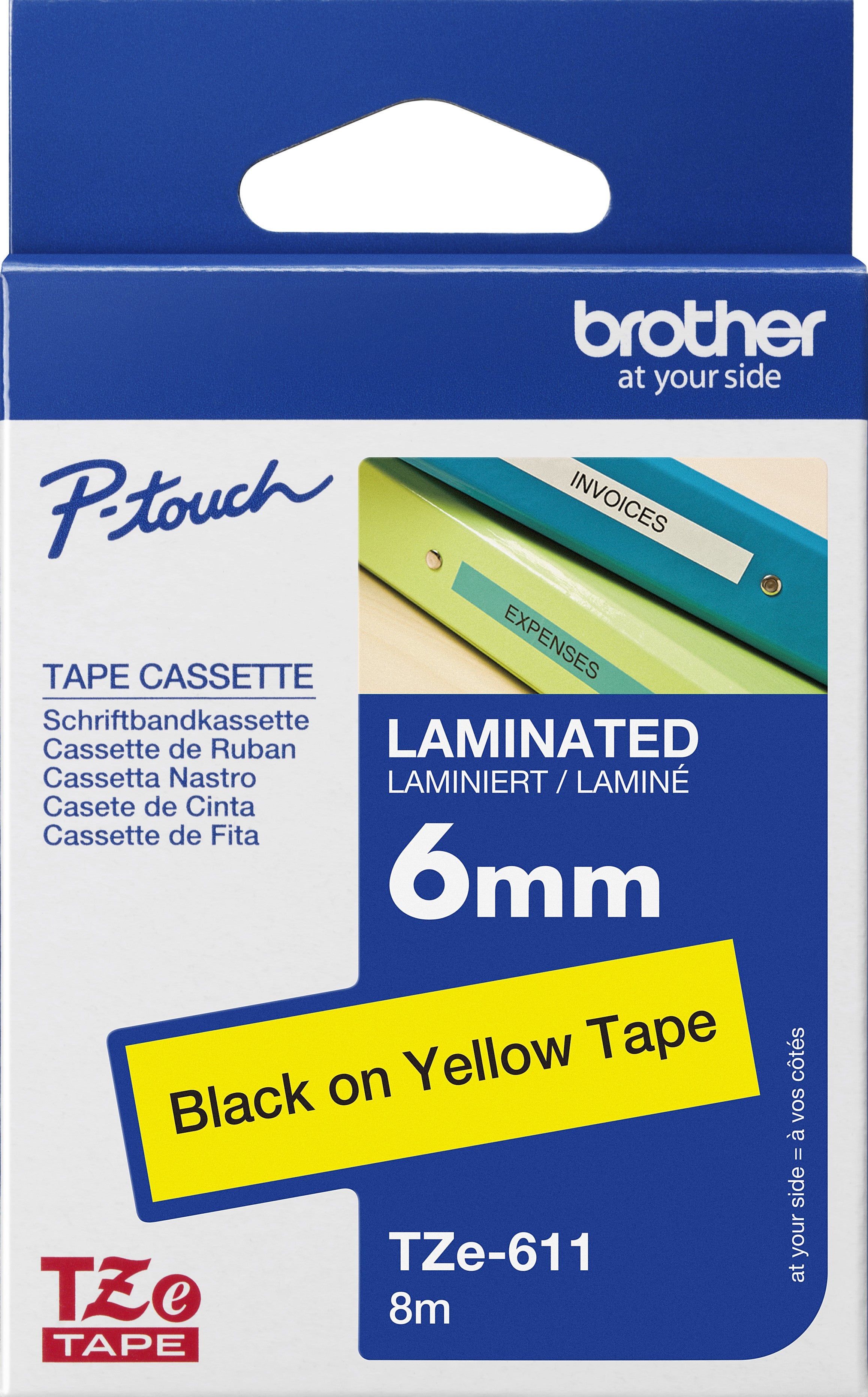 TZe-611 Brother 6mm x 8m Black on Yellow Adhesive Laminated Tape