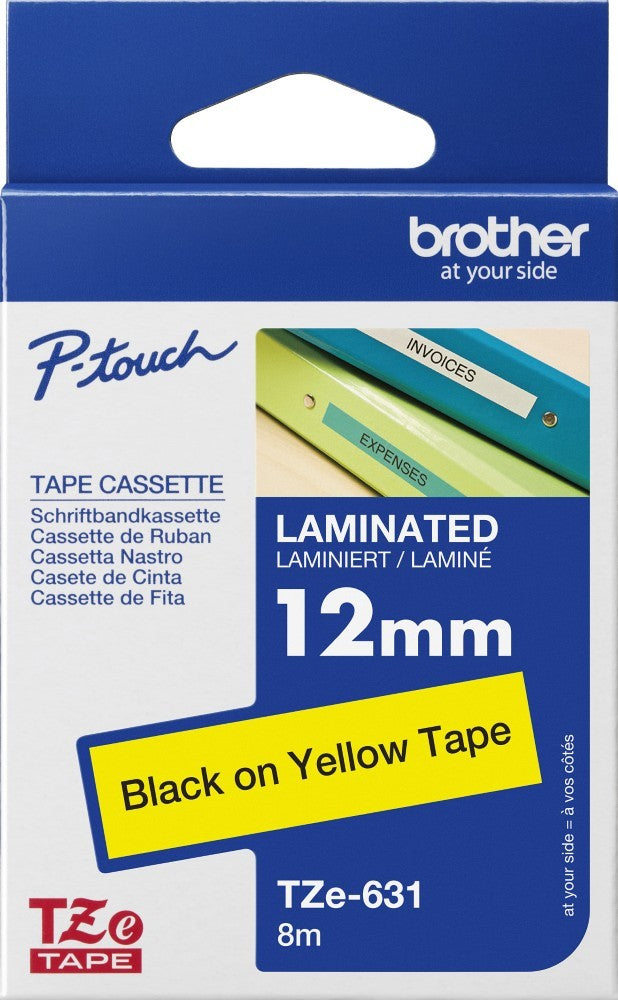 TZe-631 Brother 12mm x 8m Black on Yellow Adhesive Laminated Tape