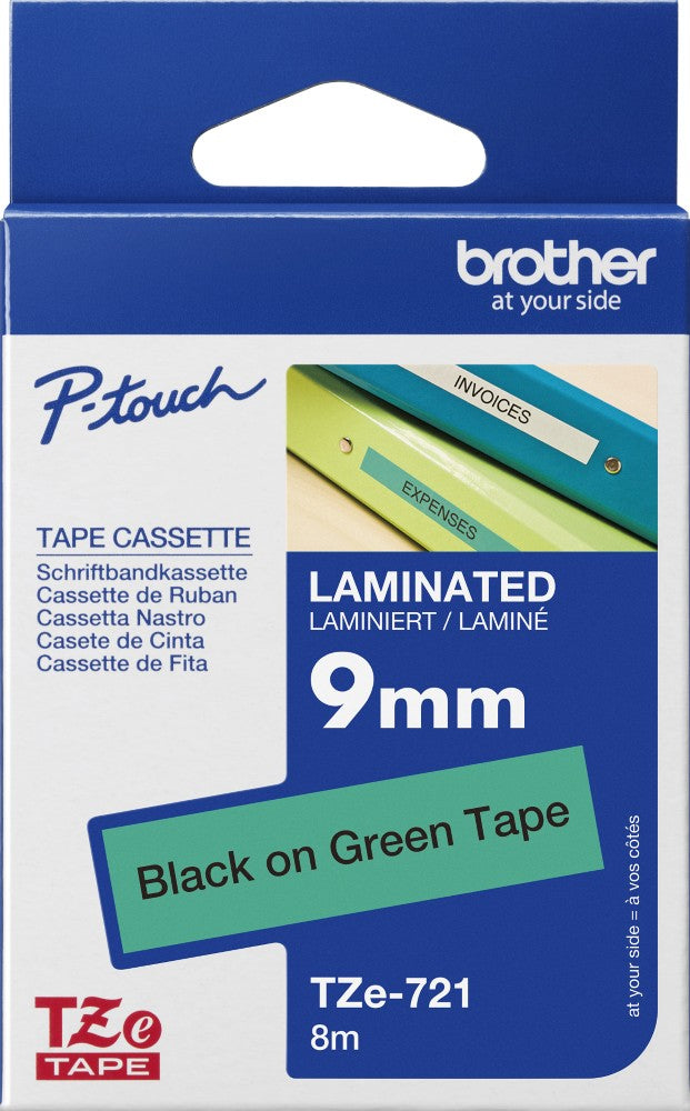 TZe-721 Brother 9mm x 8m Black on Green Adhesive Laminated Tape