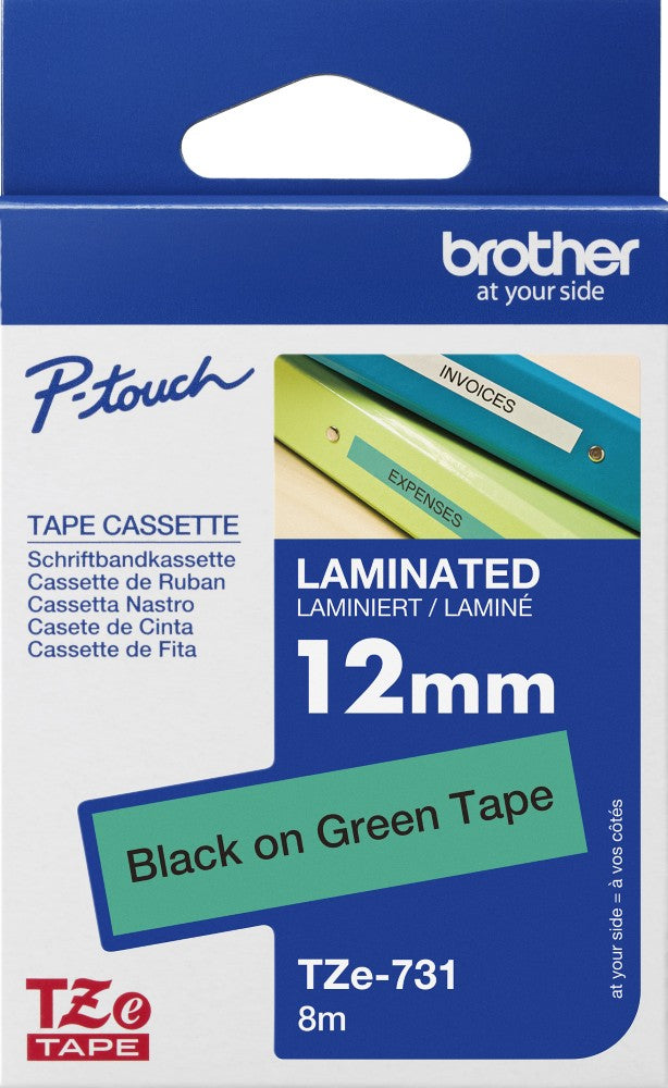 TZe-731 Brother 12mm x 8m Black on Green Adhesive Laminated Tape