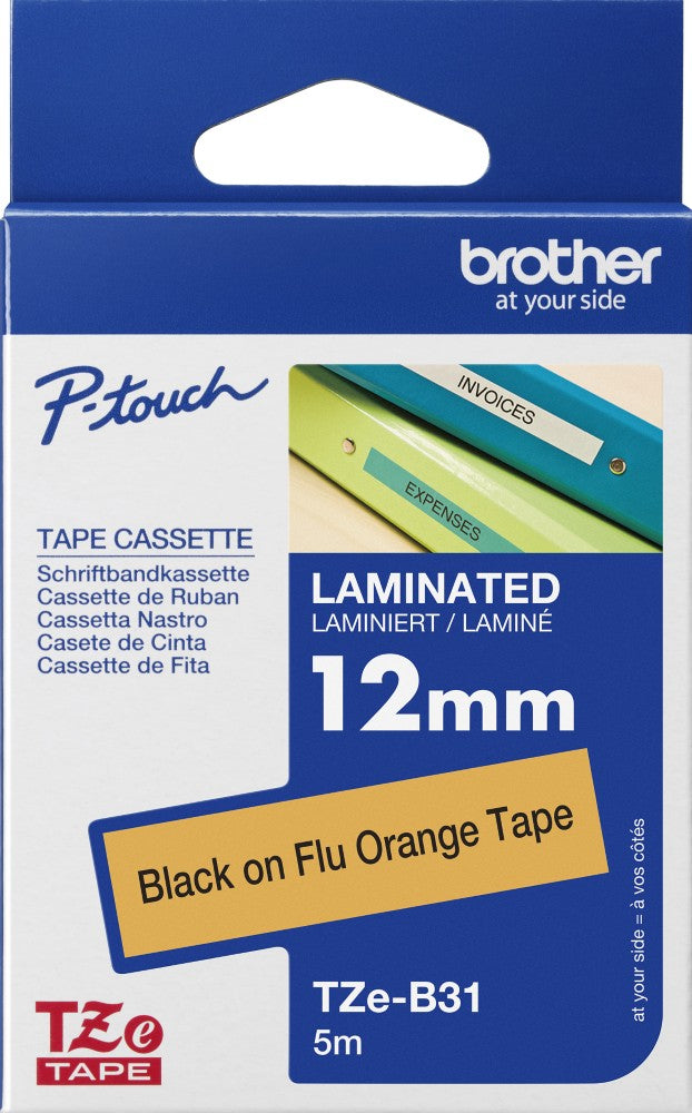 TZe-B31 Brother 12mm x 5m Black on Fluro Orange Adhesive Laminated Tape