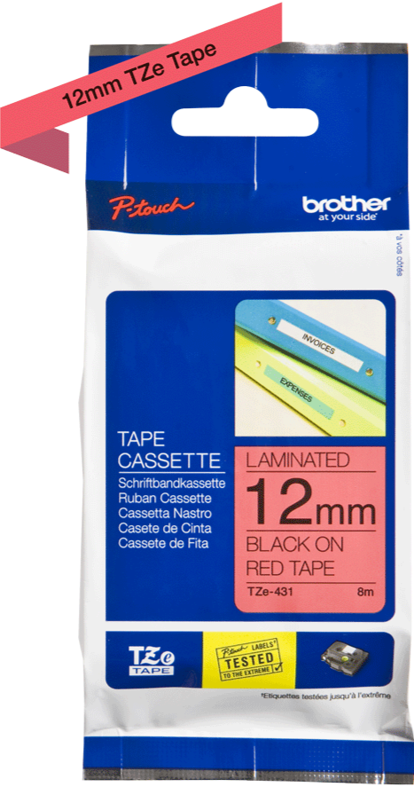 TZe-431 Brother 12mm x 8m Black on Red Adhesive Laminated Tape