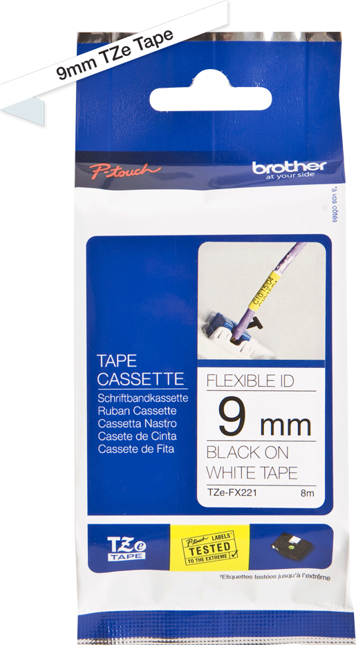 TZe-FX221 Brother 9mm x 8m Flexible ID Tape Black on White