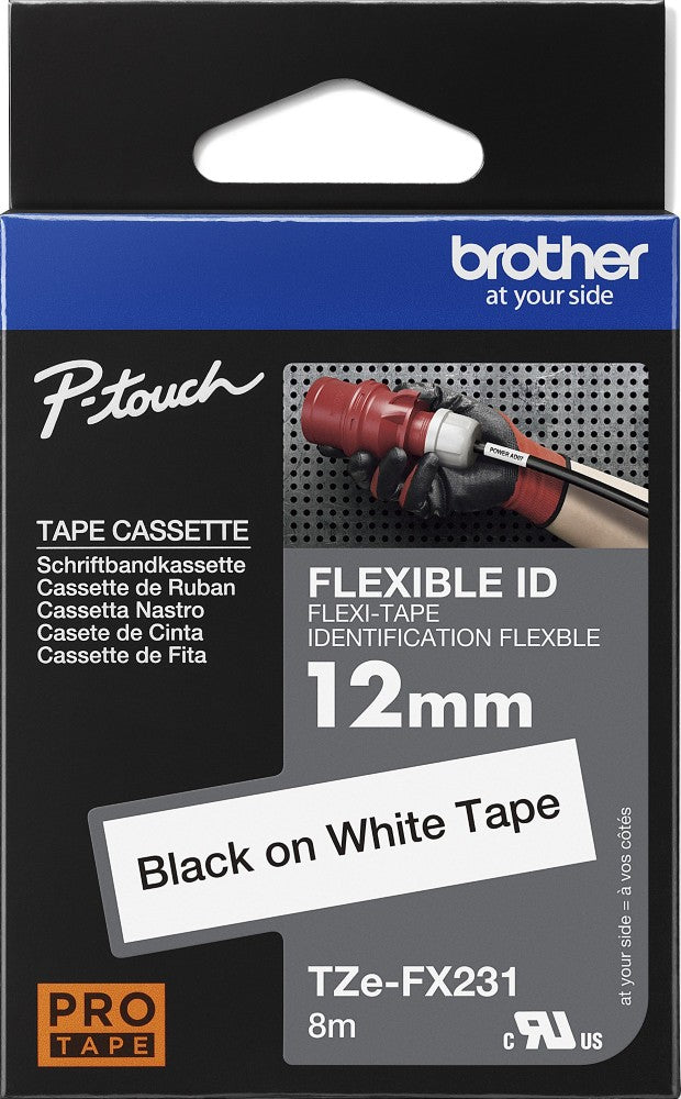 TZe-FX231 Brother 12mm x 8m Black on White Flexible ID Tape