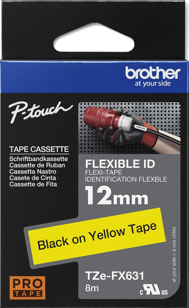 TZe-FX631 Brother 12mm x 8m Black on Yellow Flexi ID Tape