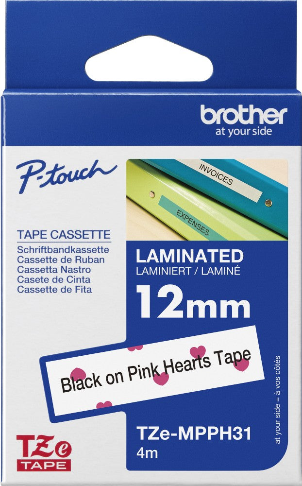 TZe-MPPH31 Brother 12mm x 4m Black on Pink Hearts Adhesive Laminated Tape