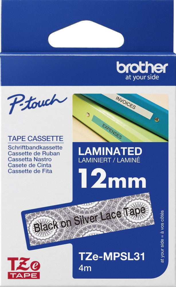 TZe-MPSL31 Brother 12mm x 4m Black on Silver Lace Patterned Adhesive Laminated Tape