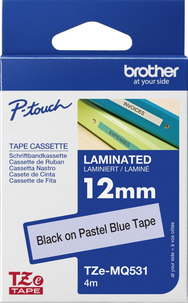 TZe-MQ531 Brother 12mm x 4m Black on Pastel Blue Adhesive Laminated Tape