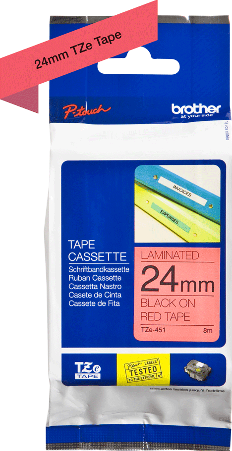 TZe-451 Brother 24mm x 8m Black on Red Adhesive Laminated Tape