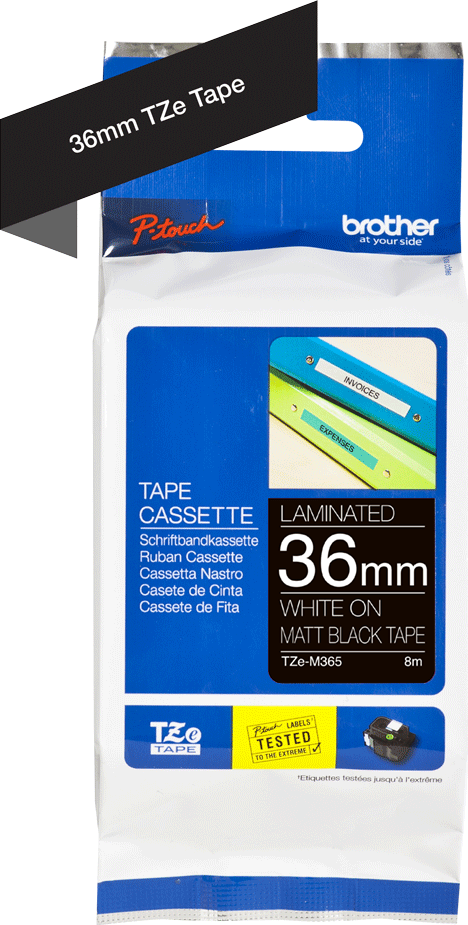 TZe-M365 Brother 36mm x 8m White on Black Matt Adhesive Laminated Tape