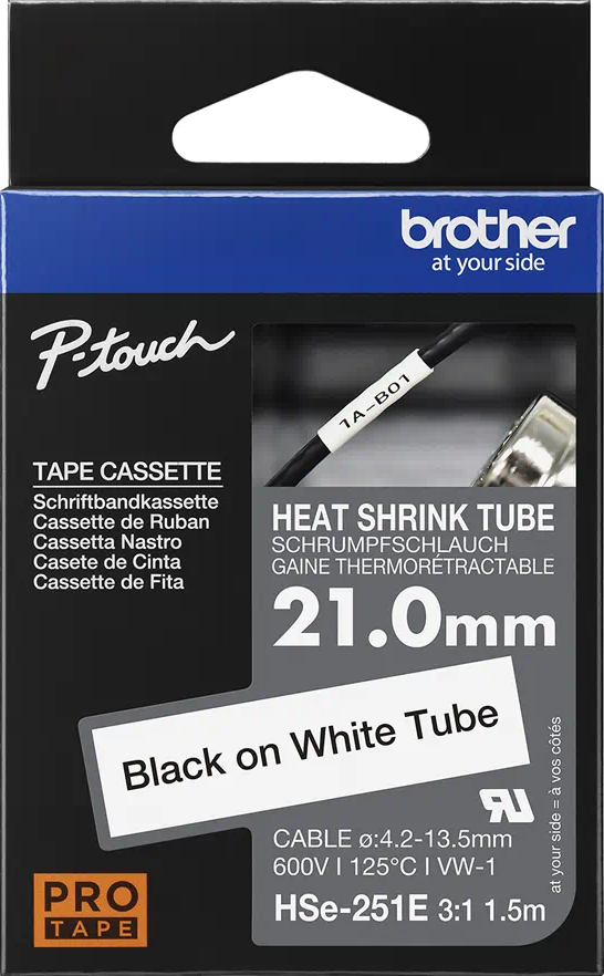 HSe-251E Brother 21mm x 1.5m Black On White Heat Shrink Tube