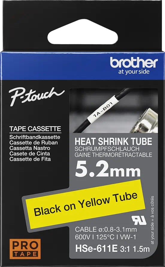 HSe-611E Brother 5.2mm x 1.5m Black On Yellow Heat Shrink Tube