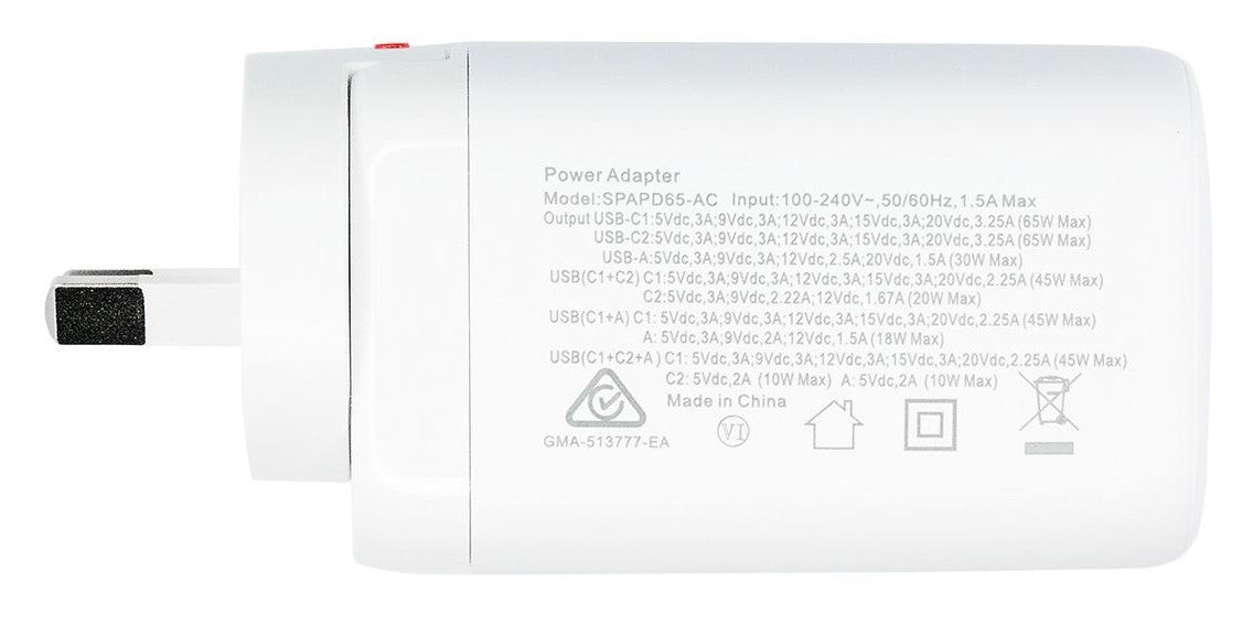 DYNAMIX 65W Dual USB-C + USB-A Wall Charger