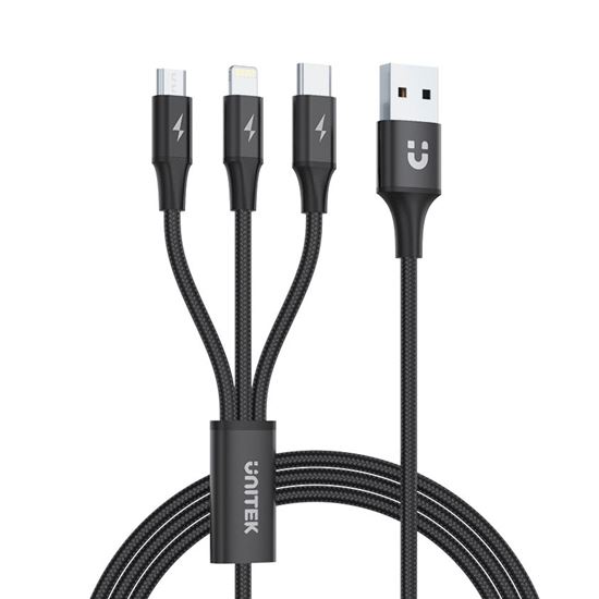 UNITEK 1.2m USB 3-in-1 Charge Cable (USB-A to Micro-B, Lightning & USB-C)