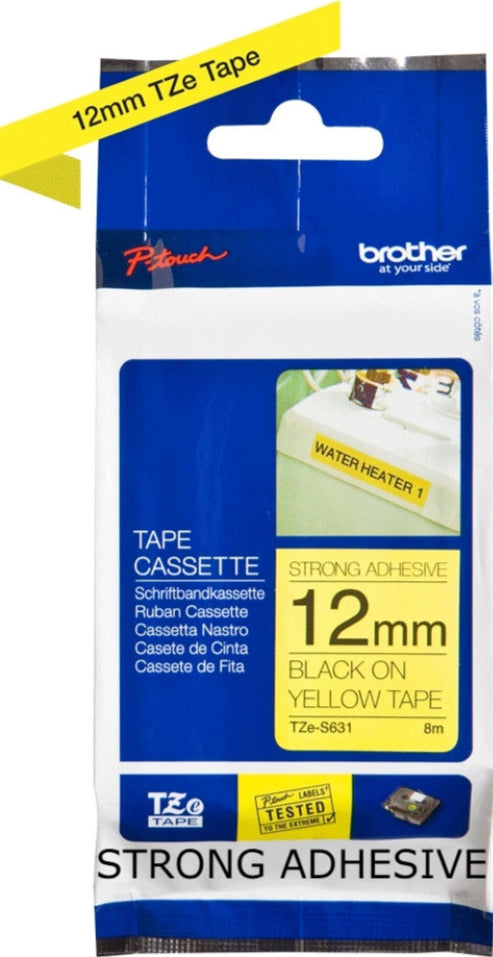 TZe-S631 Brother 12mm x 8m Black on Yellow Strong Adhesive Laminated Tape