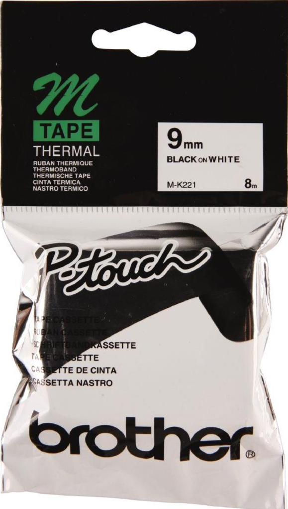 MK221 Brother P-Touch 9mm Plastic Tape Black on White