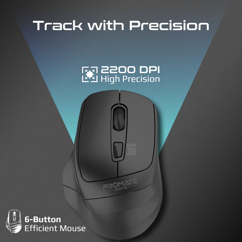 Promate Black Ergonomic Silent Click Wireless Mouse